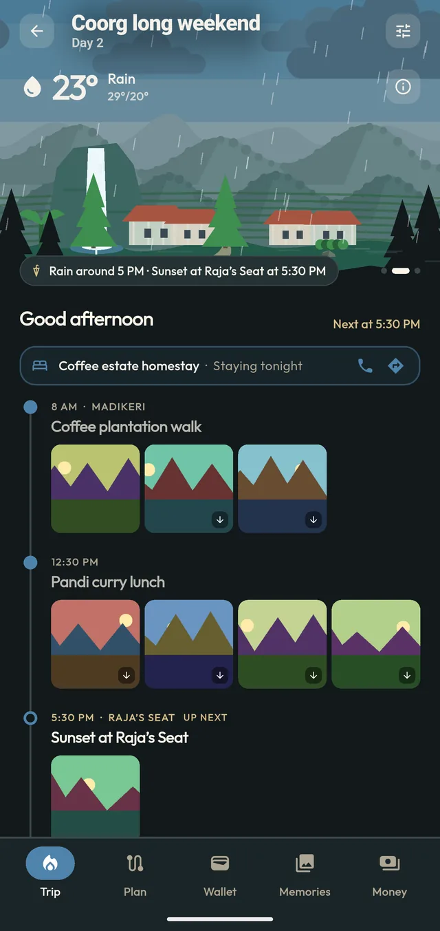 A trip's today view: the weather over the destination, today's stops on a timeline with their photos