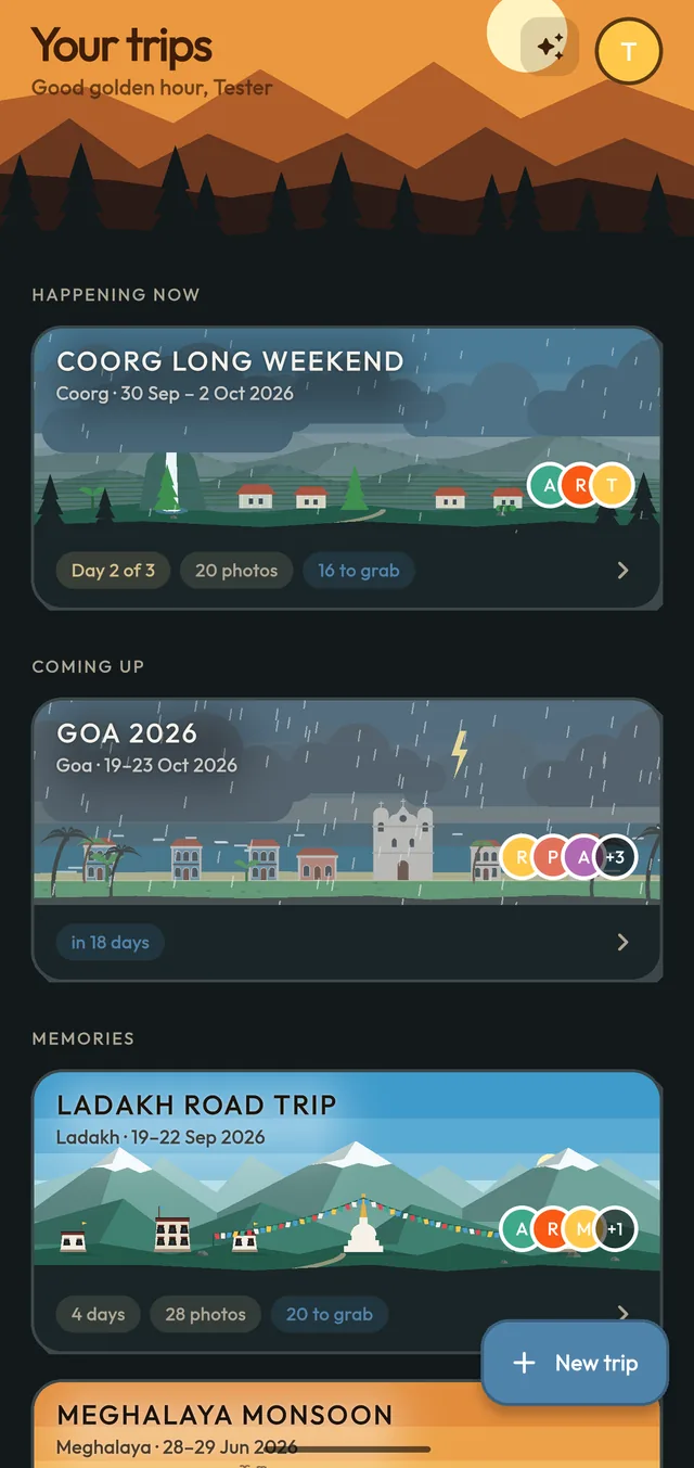 Campfyr's trip list, each trip shown as an illustrated postcard of its destination
